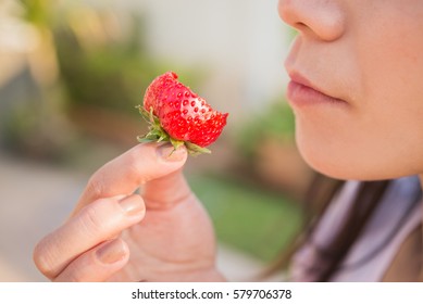 Macro close up of woman's mouth eating strawberry.