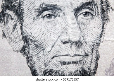 Macro Closeup Abraham Lincoln On Five Dollar Bill