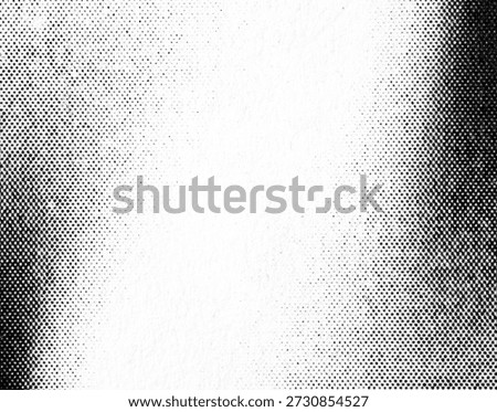 Macro close-up of black halftone dots printed on white paper, forming dark side gradients that fade inward and leave a large blank center area, with visible raster screening and paper grain.