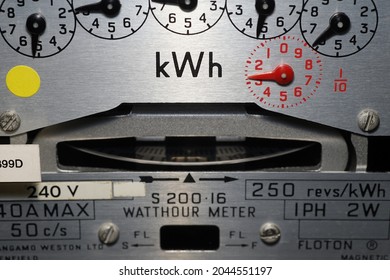 Macro Close-up Of A Domestic KWh Electric Meter And Slow Turning Measuring Dial. Concept For Energy, Utility Bills, Price Rise, Meter Reading, Inflation And Electricity Supplier.