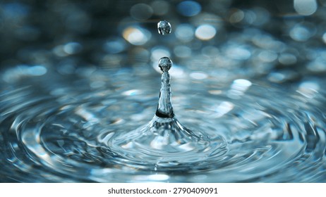 Macro close-up of a falling water drop creating a splash and ripples on a clear water surface. High-speed capture revealing fluid motion, transparency, and intricate details.