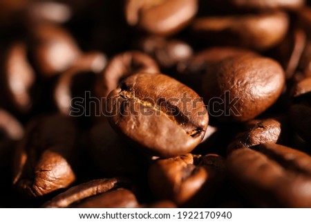 Macro closeup of isolated pile fresh roasted organic wet coffee beans (focus on center)