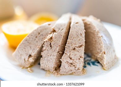 Macro Closeup Of Large Vegan Nut Almond Cheese Slices With White Texture And Large Pieces Cut Sliced