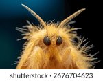 A macro close-up of a light yellow moth with a furry body and large, dark compound eyes. The moth