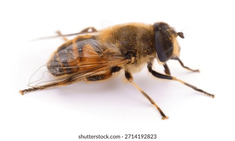 Macro close-up, low angle view of a yellow and black striped hoverfly or flower fly (Syrphidae) covered in pollen, sitting on a white background, isolated.