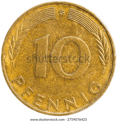 Macro close-up of the obverse (value side) of a German 10 Pfennig coin from 1972 with mint mark G. Detailed view of the denomination design, isolated on white background with visible wear and texture.