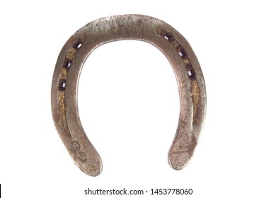 Macro Closeup Of An Old Rusty Aged Weathered Horseshoe Horse Shoe Symbol Lucky Charm Of Luck Fortune And Success With Space For Text Isolated On White