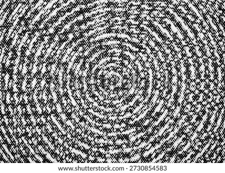 Macro close-up of printed halftone dots forming concentric rings. High-contrast black and white optical texture for posters, banners, signage, labels, packaging, and overlays.