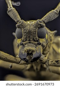 Macro close-up revealing the rough, patterned texture on the head of a beetle. The focus on its eyes and massive antennae gives it a compelling, armored presence.