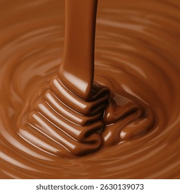 Un primer plano macro de chocolate de leche derretido rico y brillante que se vierte en una corriente suave, creando ondulaciones arremolinadas y pliegues gruesos en la superficie.