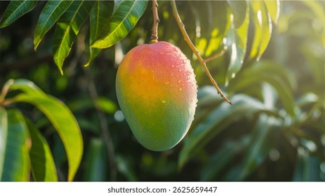 Primer plano macro de un mango maduro colgando de una rama de árbol frondoso, con gotas de rocío y piel dorada que brilla con luz natural.

