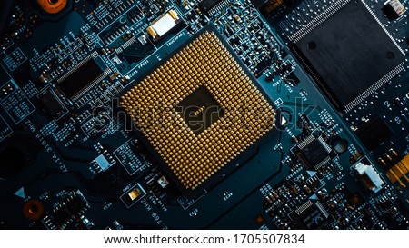 Macro Close-up Shot of Computer Motherboard with CPU Processor Socket. Printed Circuit Board: Inside of Electronic Device, Parts of Supercomputer.