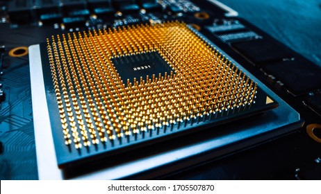 Macro Close-up Shot of CPU Processor Socket. Printed Circuit Board / Computer Motherboard with Components: Inside of Electronic Device, Parts of Supercomputer.