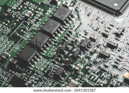 Macro Close-up Shot of Microchip, CPU Processor on Printed Circuit Board, Computer Motherboard with Components Inside of Electronic Device, Part of Supercomputer.