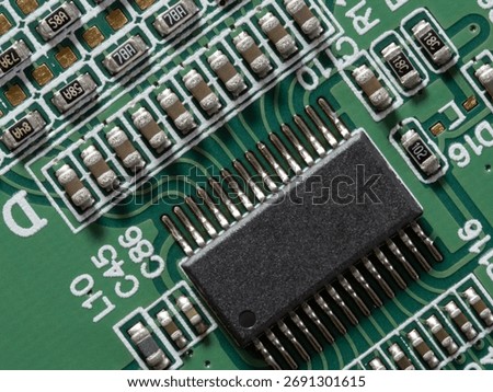 Macro Close-up Shot of Microchip, CPU Processor on Printed Circuit Board, Computer Motherboard with Components Inside of Electronic Device, Part of Supercomputer.