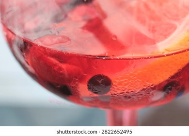 Macro close-up view of a cold pink gin cocktail featuring fresh raspberries, mixed berries, and citrus slices in a chilled glass.