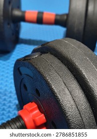 Macro close-up view of a pair of adjustable black dumbbells with red grip accents, loaded with weight plates, placed on a blue textured rubber fitness gym mat, representing strength training, weightlifting, and home workout concepts.