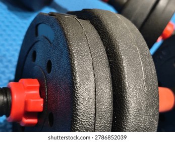 Macro close-up view of a pair of adjustable black dumbbells with red grip accents, loaded with weight plates, placed on a blue textured rubber fitness gym mat, representing strength training, weightlifting, and home workout concepts.