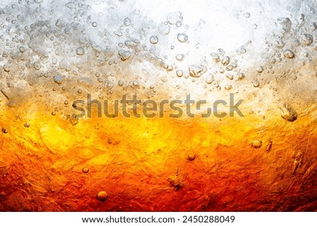 Macro cola drink background,Close up view of ice cubes in dark cola background. Surface of sweet summer cold drink with foam and macro bubbles on glass wall. Fizzing or float to the top of the surface