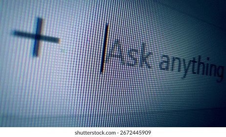 Macro of a computer screen showing a cursor and the text Ask anything. Concept of AI artificial intelligence, chatbots, and modern technology