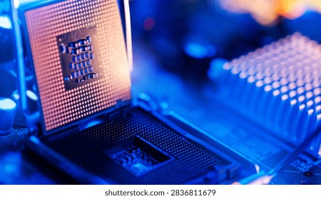 Macro cpu chip and socket close up with vivid blue neon lighting for technology data center background.