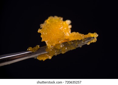 Macro detail of cannabis concentrate live resin (extracted from medical marijuana) isolated over black on a dabbing tool 