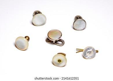 Macro Detail Shot Abstract Pastel Background Image Made Of Retro Handmade Cufflinks Composition With Mother-of-pearl Coating On White Background Buying 