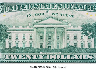 Macro Detail Of The White House On Back Of The US Twenty Dollar Bill. 