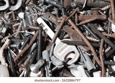 Macro details capturing tension and rust in nail arrangement

