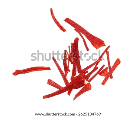 Macro dried saffron threads spice flying, isolated on white background, Crocus sativus 