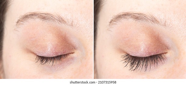 Macro Of An Eye Before And After An Eyelash Extension Treatment. Double Image With Short Lashes And Long Lashes. Natural Beauty Remedy Concept