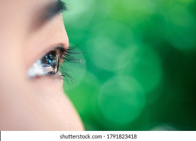 Macro Of Eye Or Eyeball Black Color Of Asian Woman With Eyebrow, Eyelash And Eyelid In Concept Eye Health And Vision In Life