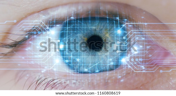 macro eye with high technology\
for futuristic virtual reality and communication.\
concept of\
biometric and retinal scanning and personal data\
security.\
