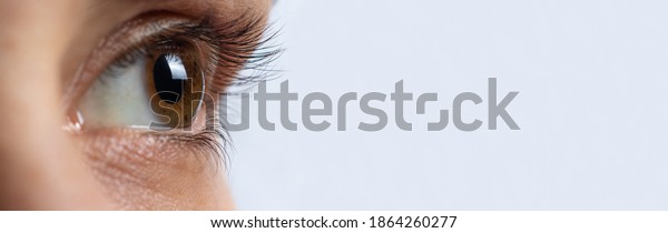Macro eye photo. Keratoconus - eye disease,\
thinning of the cornea in the form of a cone. The cornea plastic.\
Ophthalmology banner