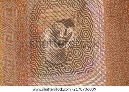 Macro of face of Europa on the security features of 50 euro banknote. High quality photo. Symbol.