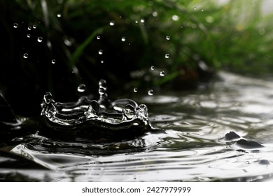 Macro of a falling rain drop in a natural environment