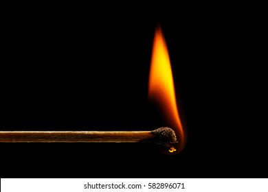 Macro fire burning on matchstick. Studio shot isolated on black background.