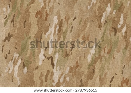 Macro flat view of seamless desert Multicam camouflage ripstop fabric in warm sandy beige, tan, and dusty brown tones, with multi-scale layered shapes for a realistic arid tactical textile background