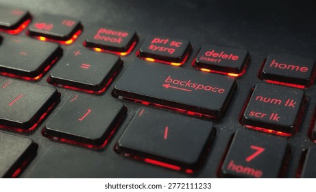 Macro Focus on Backspace Key of a Mechanical Gaming Keyboard with Green Backlight
