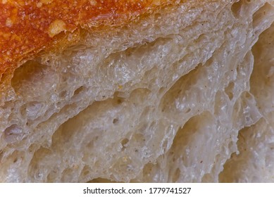 Macro Of Freshly Baked Home Bread. Detail Of Middle Dough After Heel Cut.