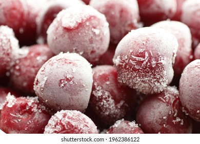 Macro Of Frozen Berries - Sweet Cherries, Closeup, Background Texture, Food Storage, Saving Leftovers, Healthy Organic Food Concept