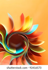 Macro Image Of Colorful Curved Sheets Of Paper Shaped Like A Flower, On Orange Background