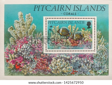 A macro image of a commemorative Pitcairn Islands £3 1994 Corals Stamp and mini sheet.