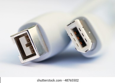 Macro image of firewire cable showing different types of connector