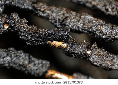 Macro image highlights the intricate texture of charred, corroded metal bars, contrasting with a sparkling bokeh backdrop