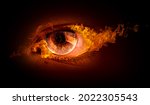 Macro image of human eye with fire flames . Mixed media