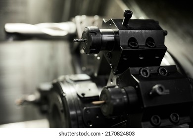 Macro Image Of Lathe Cutting Tools Used For Processing Different Details At Factory, Focus On Drill