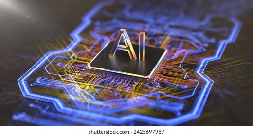 A macro image of a lit up orange, yellow and blue tracks on a printed circuit board connecting to a central processing component with a multi colour outlined lit up 'AI' - Powered by Shutterstock