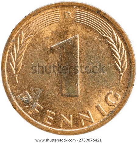Macro image of the obverse (value side) of a German 1 Pfennig coin from 1983 with mint mark D. Clean isolated shot showing denomination and fine details of historic Deutsche Mark currency.
