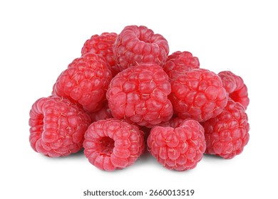 Macro image of pile, stack of fresh ripe red raspberries isolated on white background. Clean eating organic berry, healthy lifestyle and nutrition concept. Perfect for summer food, harvest themes